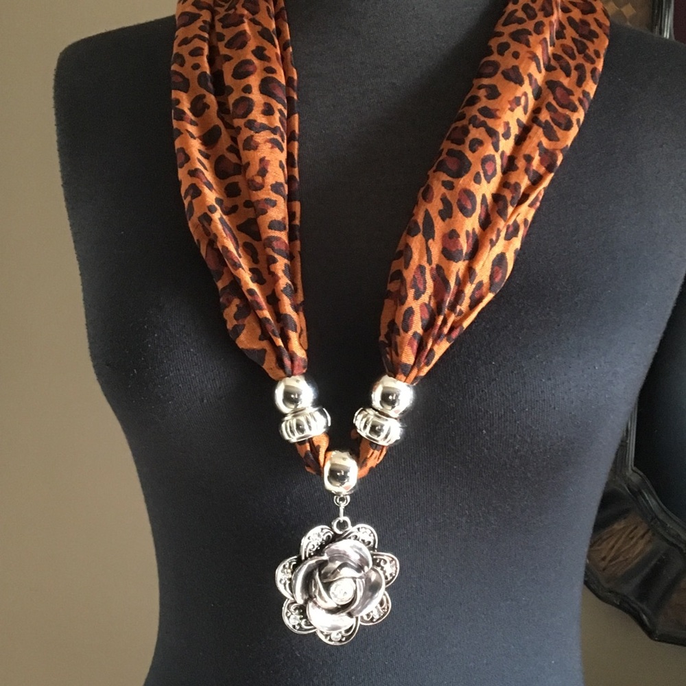 Chatties Leopard Scarf w/Rhinestone Rosette/Beads